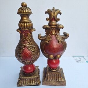 Vintage Style Gold and Red Decorative Finial Statues Set of 2 Ornate Accents